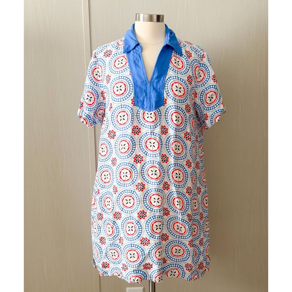 UNTUCKit Paola Dress Womens XL Linen Blend Blue Red Medallion Print Shift - Picture 2 of 9